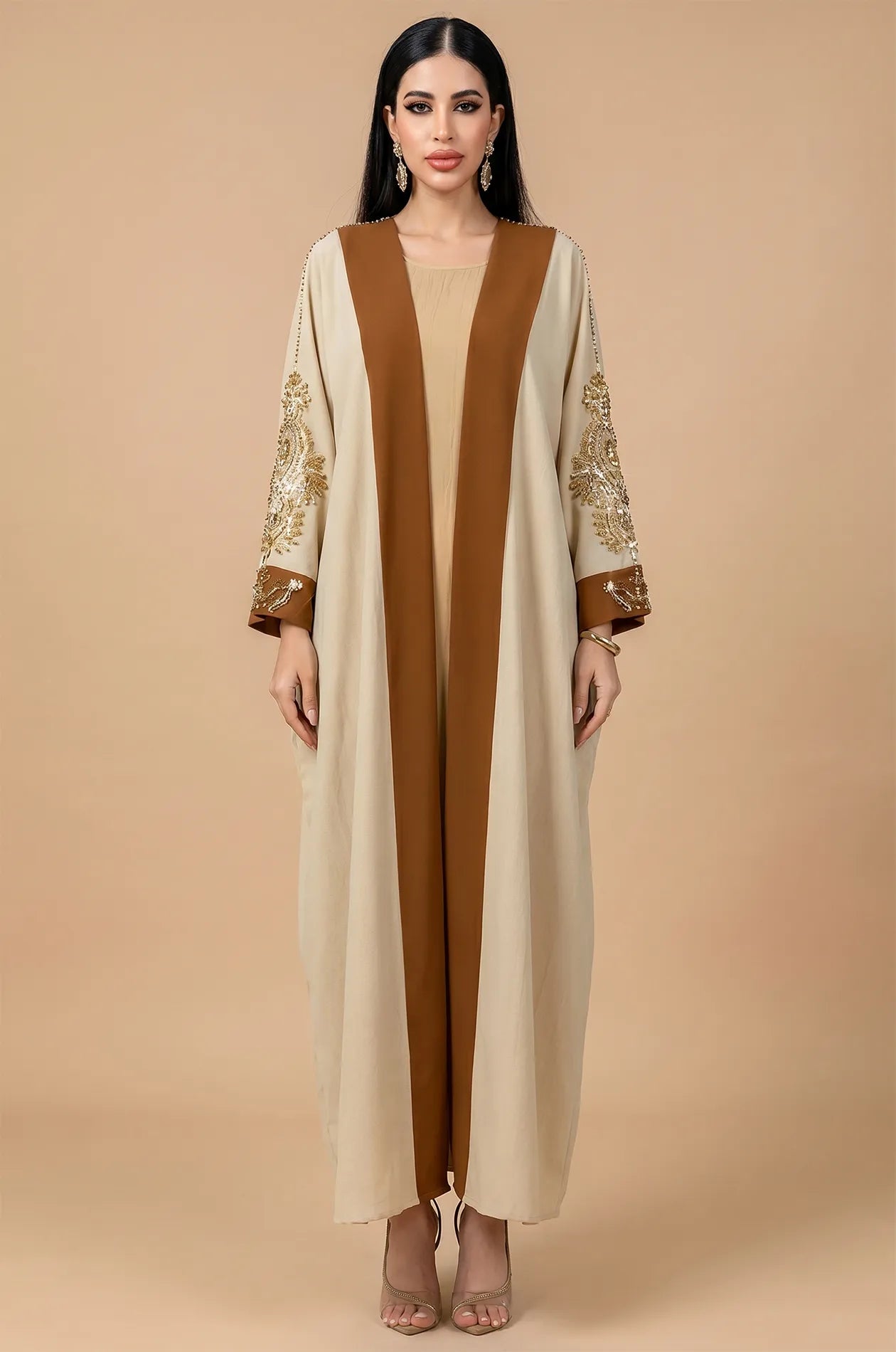 Full front view of the Vetta Khaki batwing kaftan maxi dress with rhinestone sleeves.