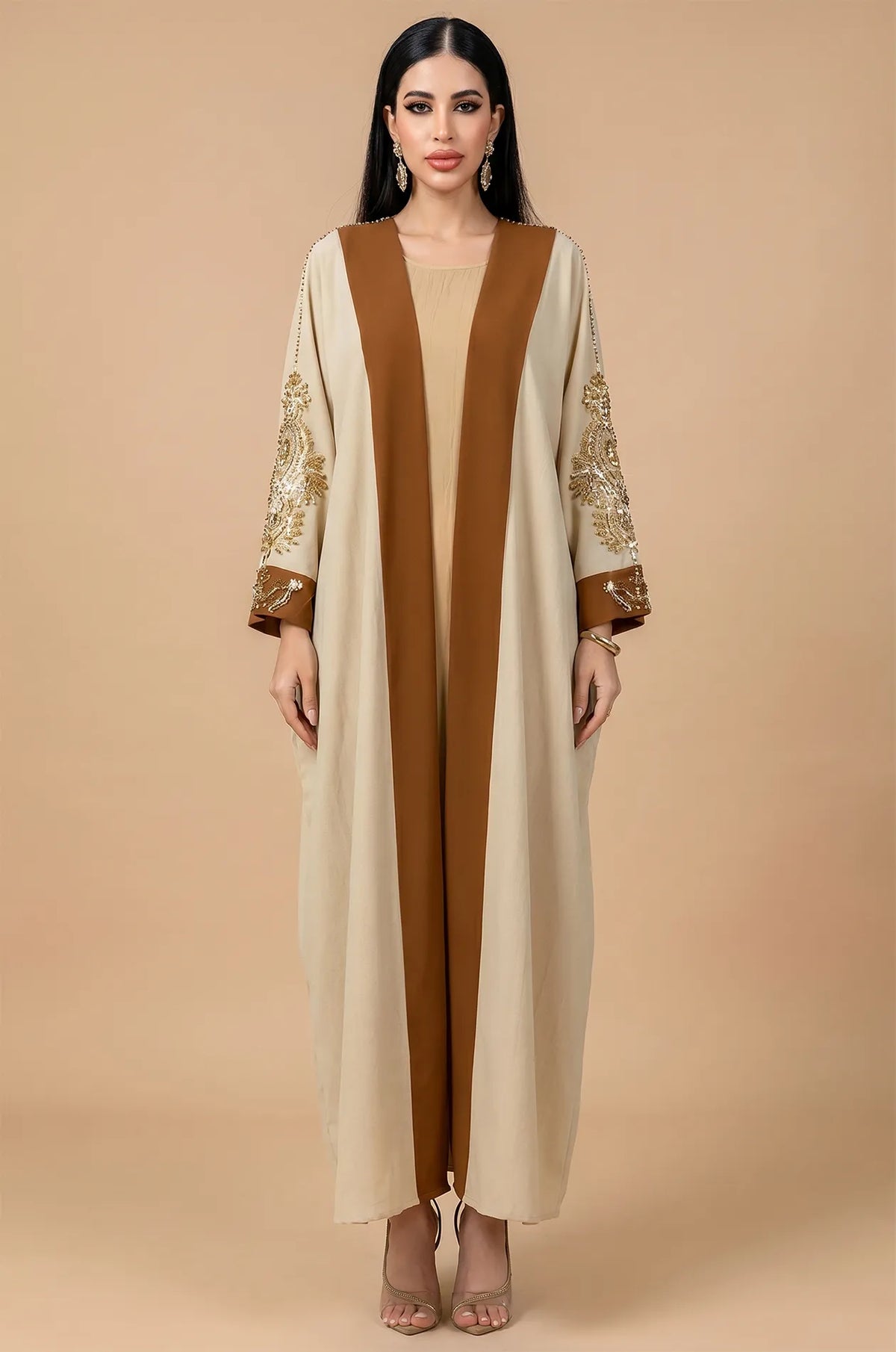Full front view of the Vetta Khaki batwing kaftan maxi dress with rhinestone sleeves.