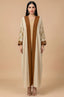 Full front view of the Vetta Khaki batwing kaftan maxi dress with rhinestone sleeves.