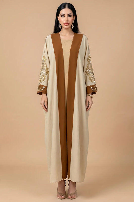 Full front view of the Vetta Khaki batwing kaftan maxi dress with rhinestone sleeves.