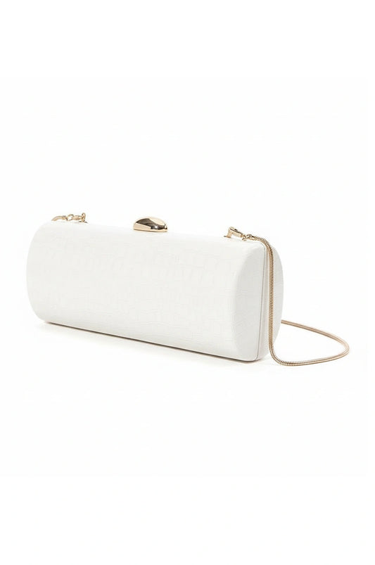 Angled shot of the white crocodile texture cylinder clutch bag highlighting its rounded shape and gold chain.