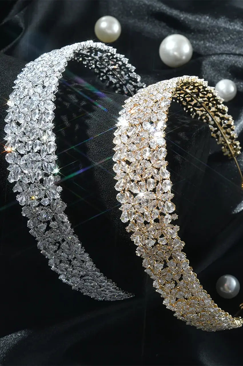 Comparison shot of the Wide Floral Headbands in Silver-Tone (left) and Gold-Tone (right) finishes.