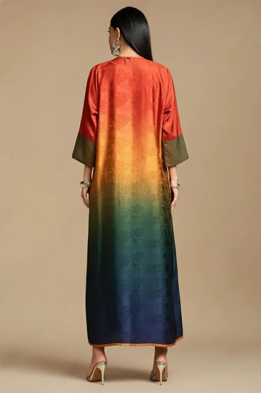 Back view of Yumna Ombre Kimono Kaftan in sunset-to-navy gradient