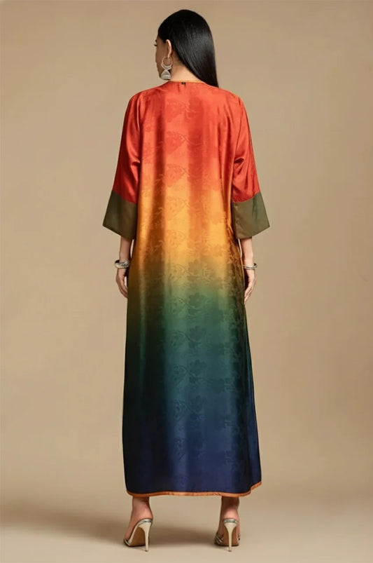 Back view of Yumna Ombre Kimono Kaftan in sunset-to-navy gradient