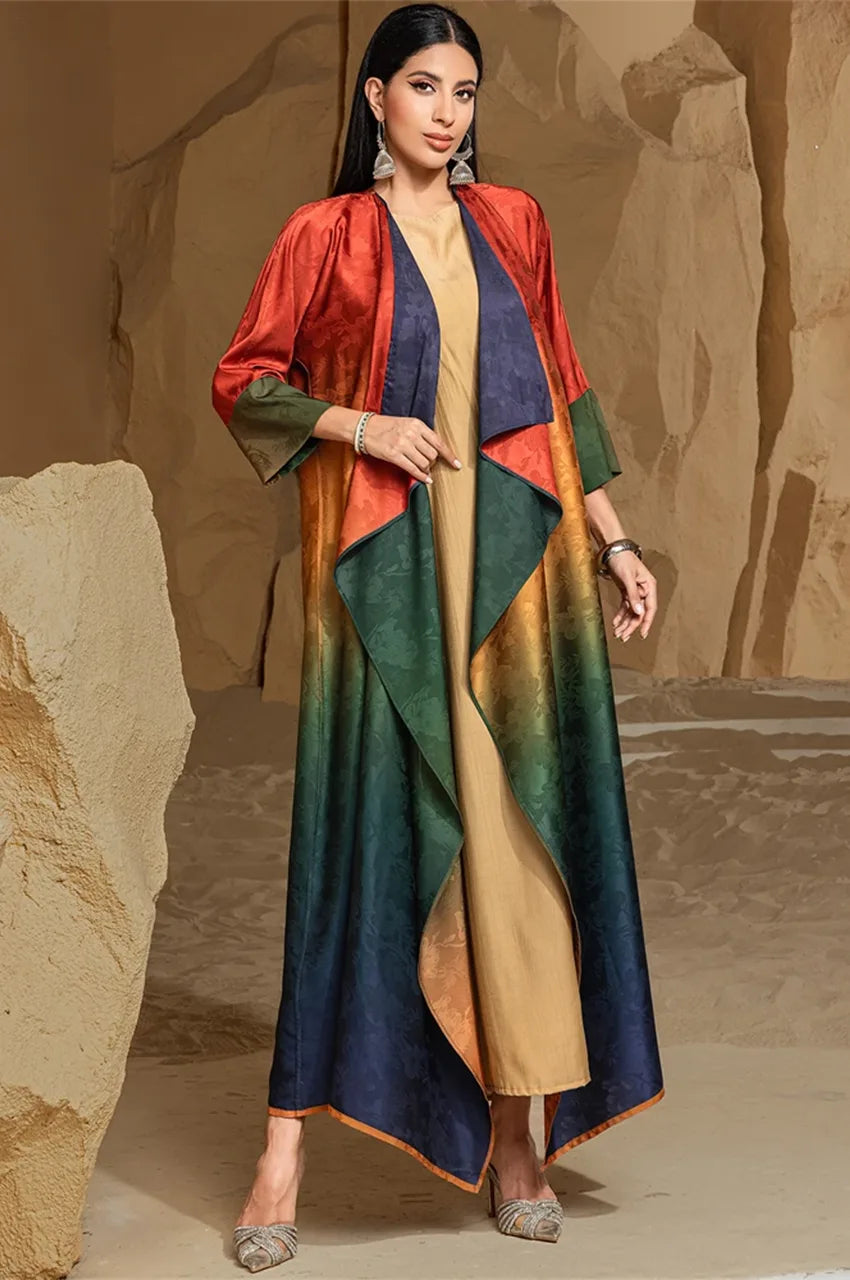 Model wearing Yumna ombre kimono kaftan in desert front view