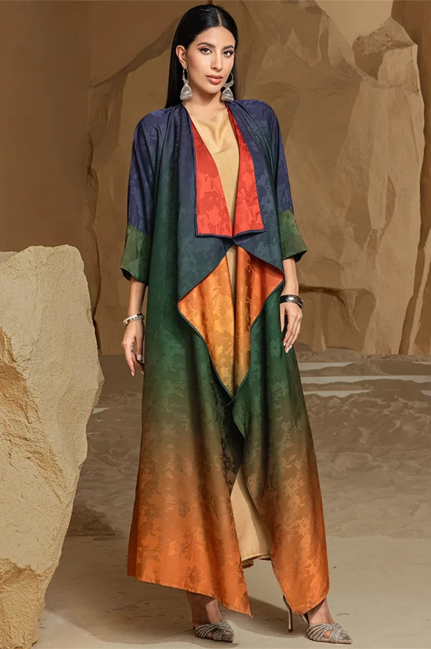 Closeup of asymmetric drape on Yumna ombre kimono kaftan