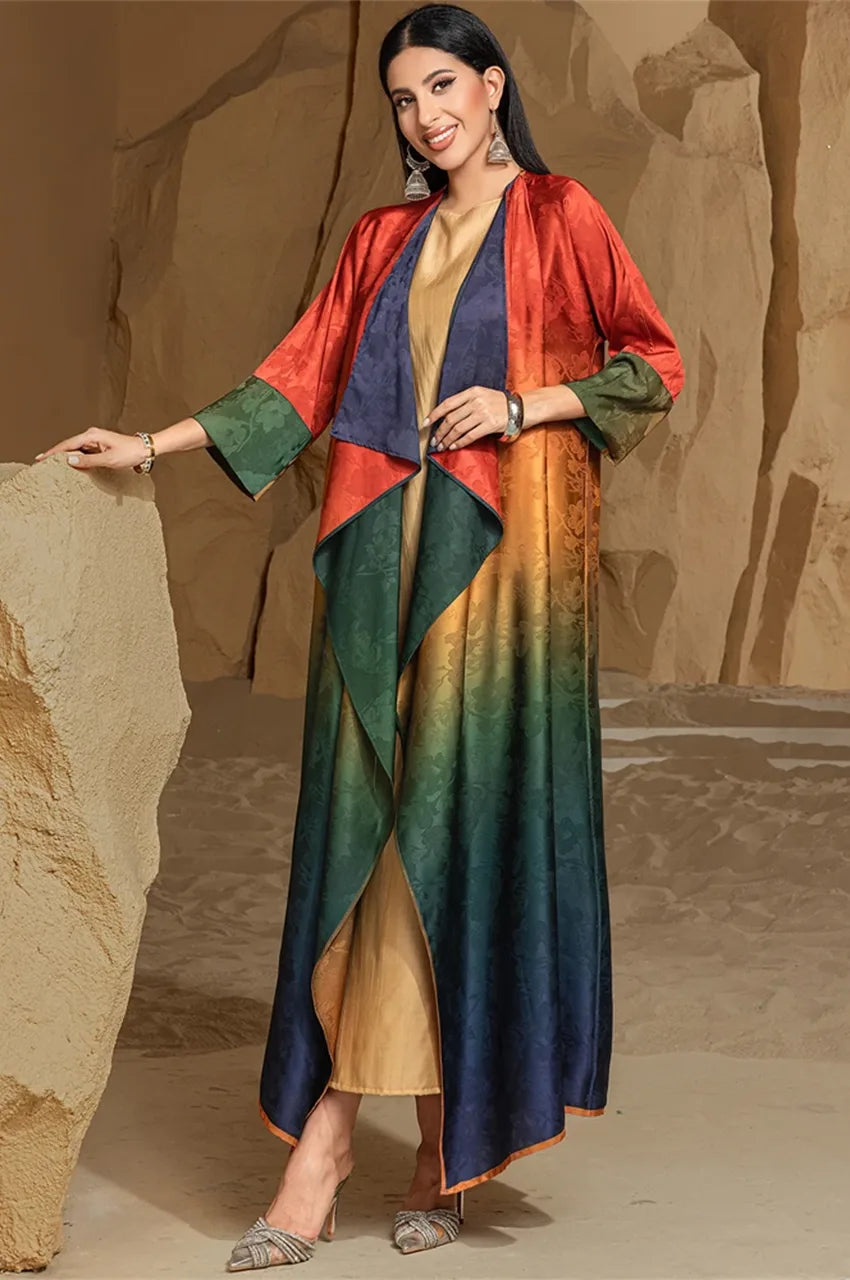 Ombre kimono kaftan Yumna worn in rocky desert fashion scene
