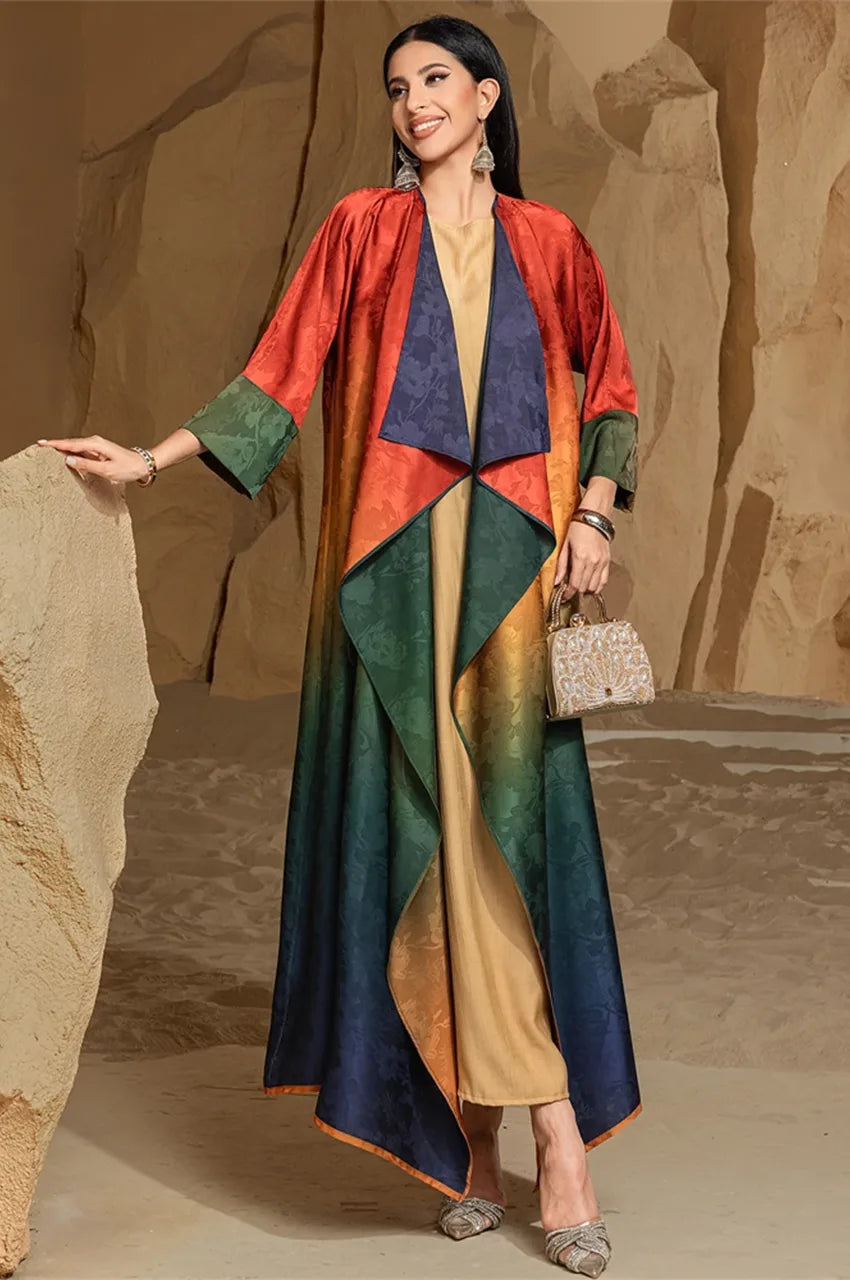Yumna ombre kimono kaftan styled with gold handbag