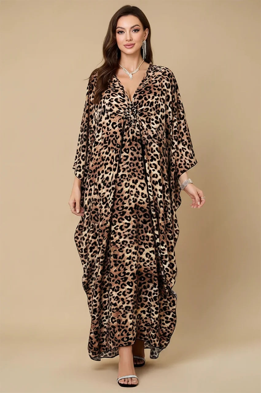 Zafira Leopard Kaftan front view – luxury animal print maxi kaftan dress