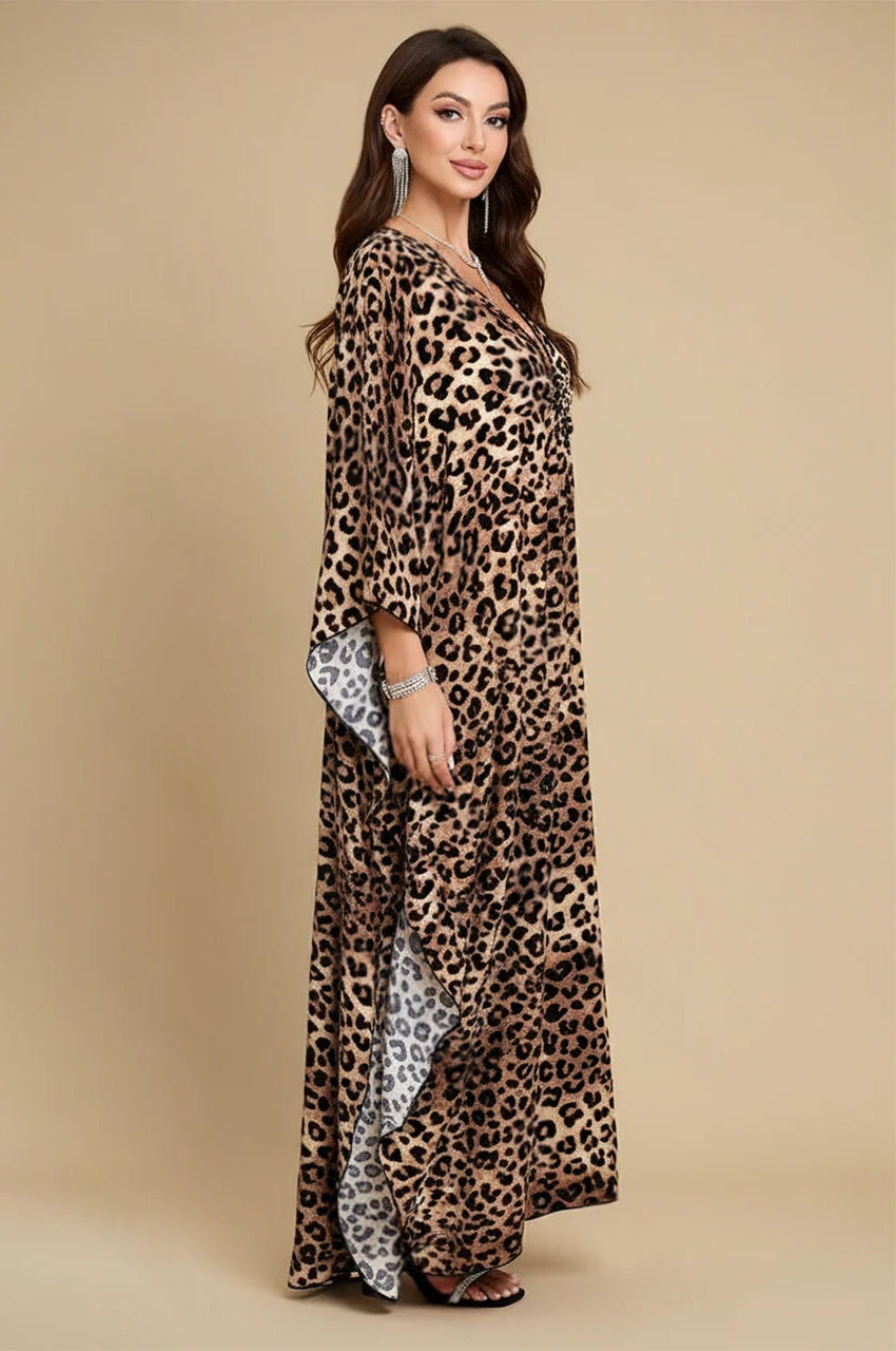 Zafira Leopard Kaftan side view showing flowing draped silhouette