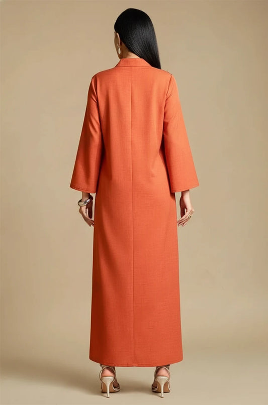 Zahra orange kaftan dress – full back view with long sleeves