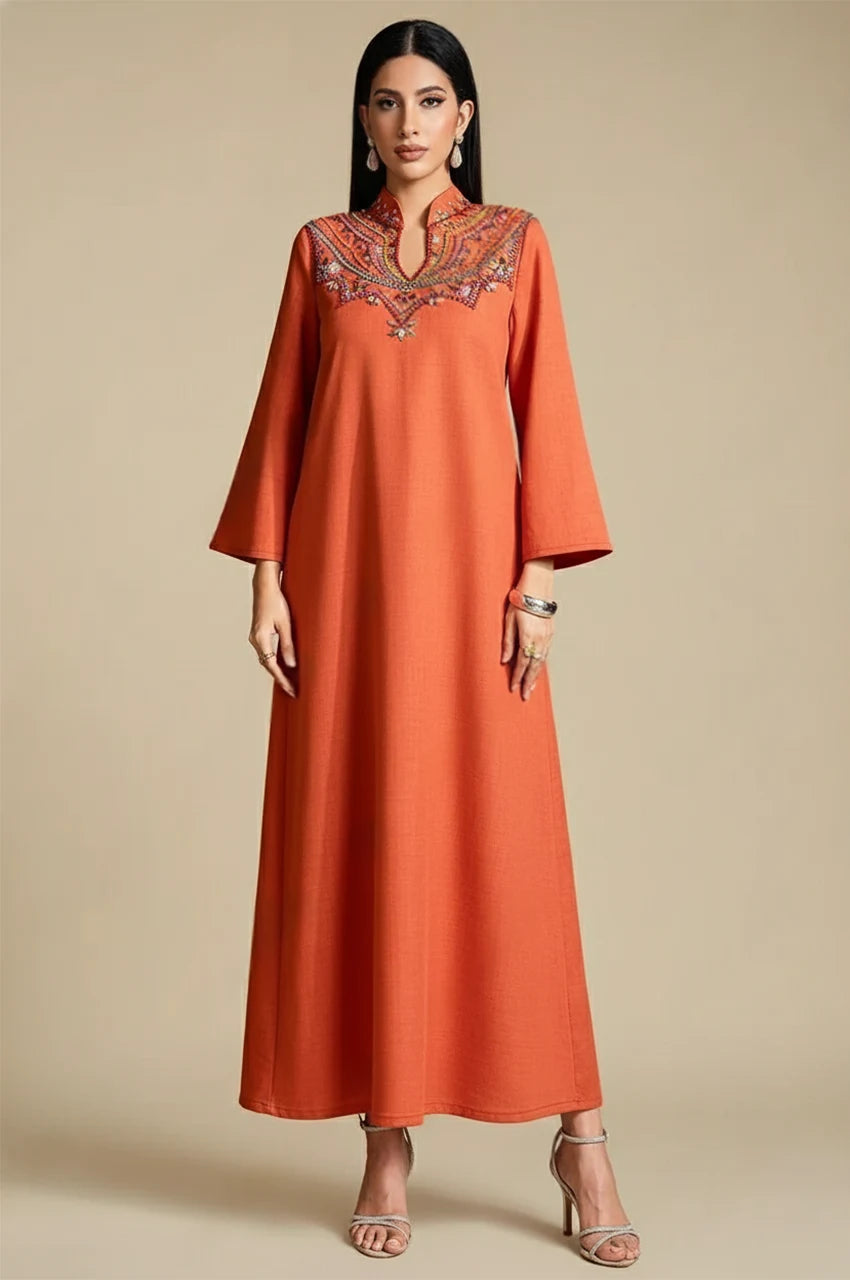 Zahra orange kaftan dress with embroidered neckline – front view