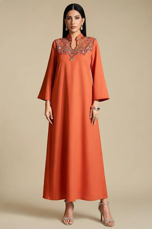 Zahra orange kaftan dress with embroidered neckline – front view