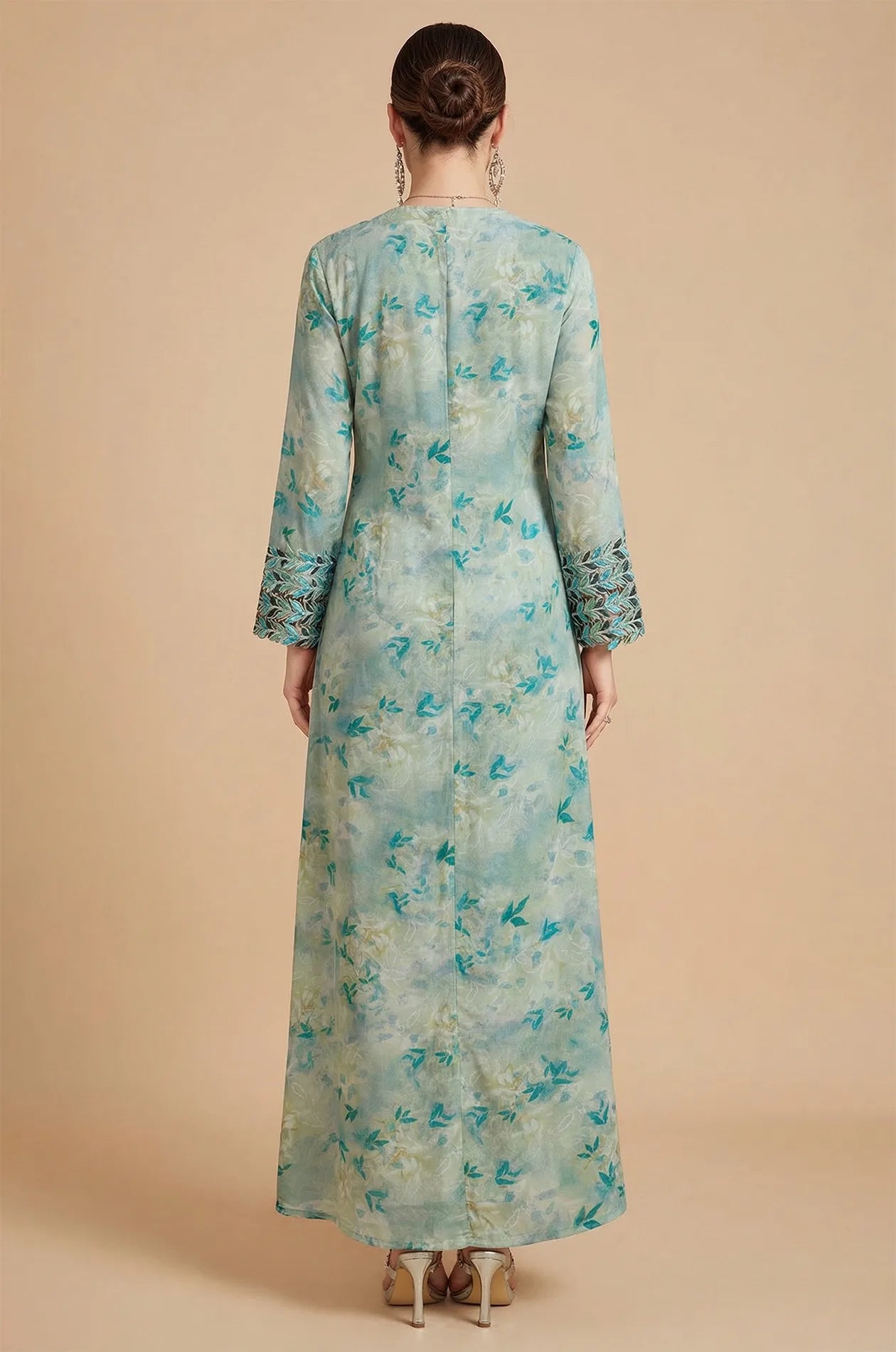 Back view of the Zahri Mint Kaftan showing the A-line silhouette and zipper.