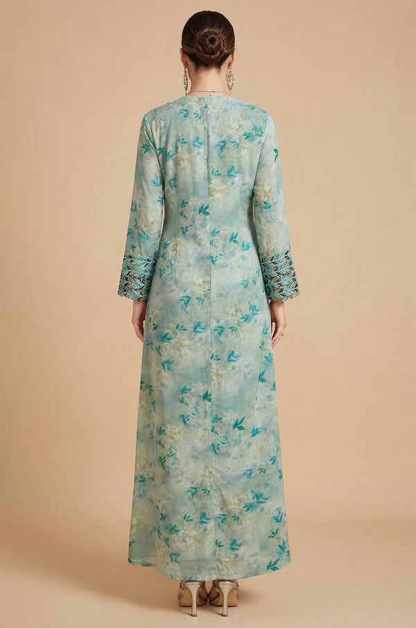 Back view of the Zahri Mint Kaftan showing the A-line silhouette and zipper.