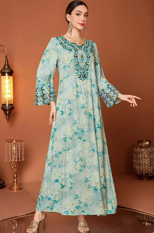 Elegant posture showcasing the flowy georgette fabric of the Zahri Kaftan.