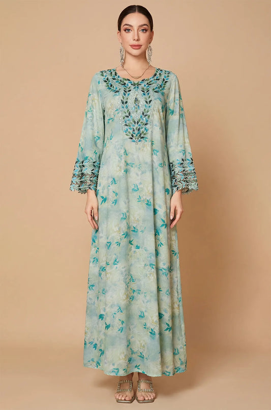 Full front view of the Zahri Mint Kaftan with floral print and beaded neckline.