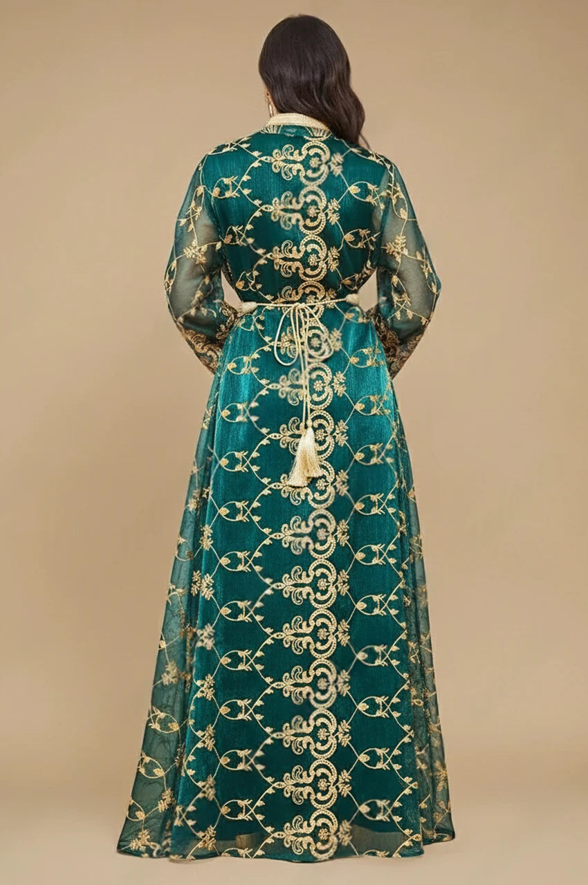 Back view of the Zalia army green kaftan showing the gold embroidered organza overlay.