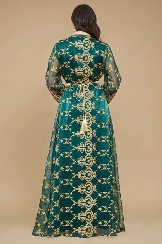 Back view of the Zalia army green kaftan showing the gold embroidered organza overlay.