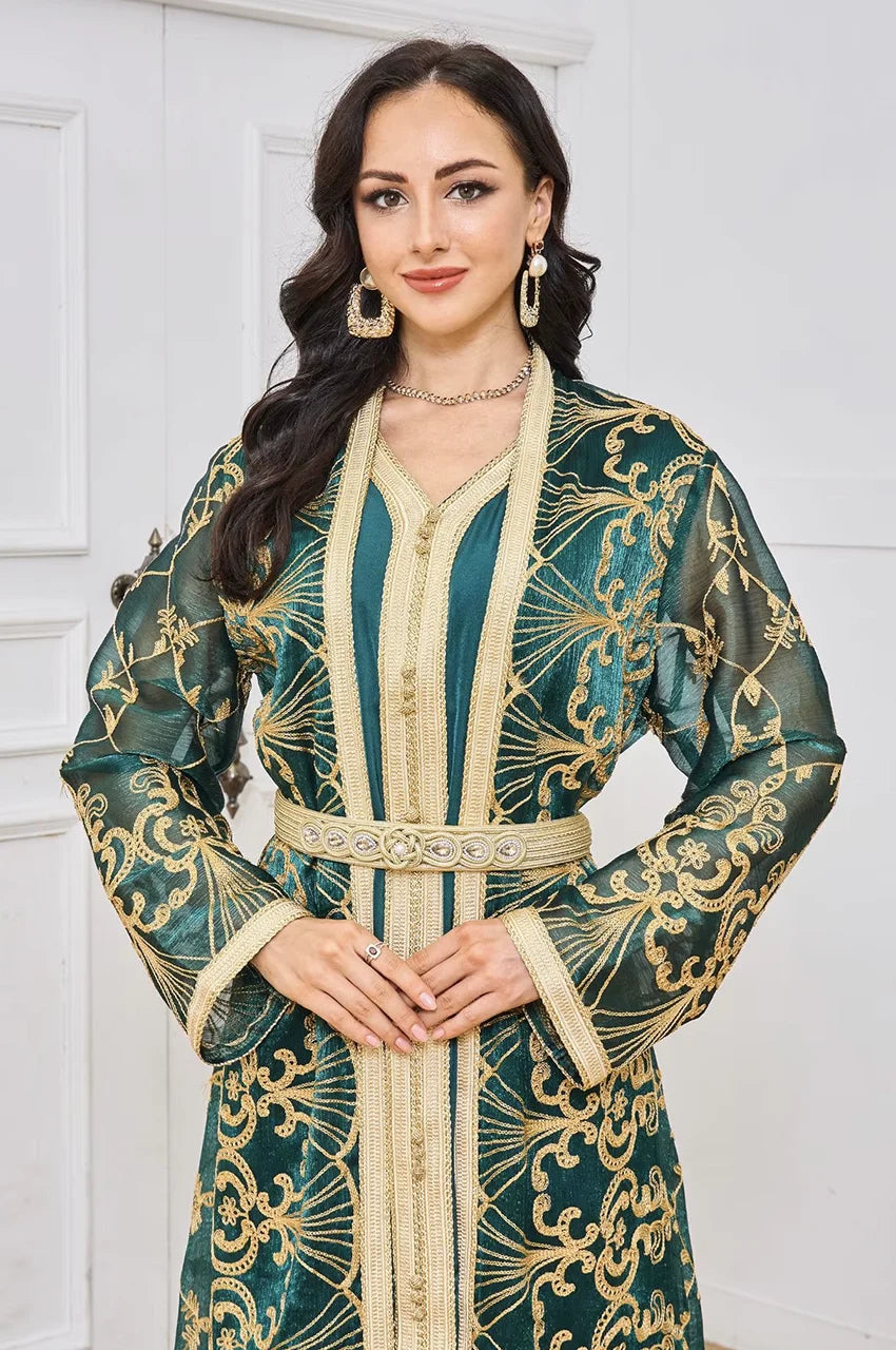 Close-up of the embellished gold belt (Mdamma) on the Zalia army green kaftan.