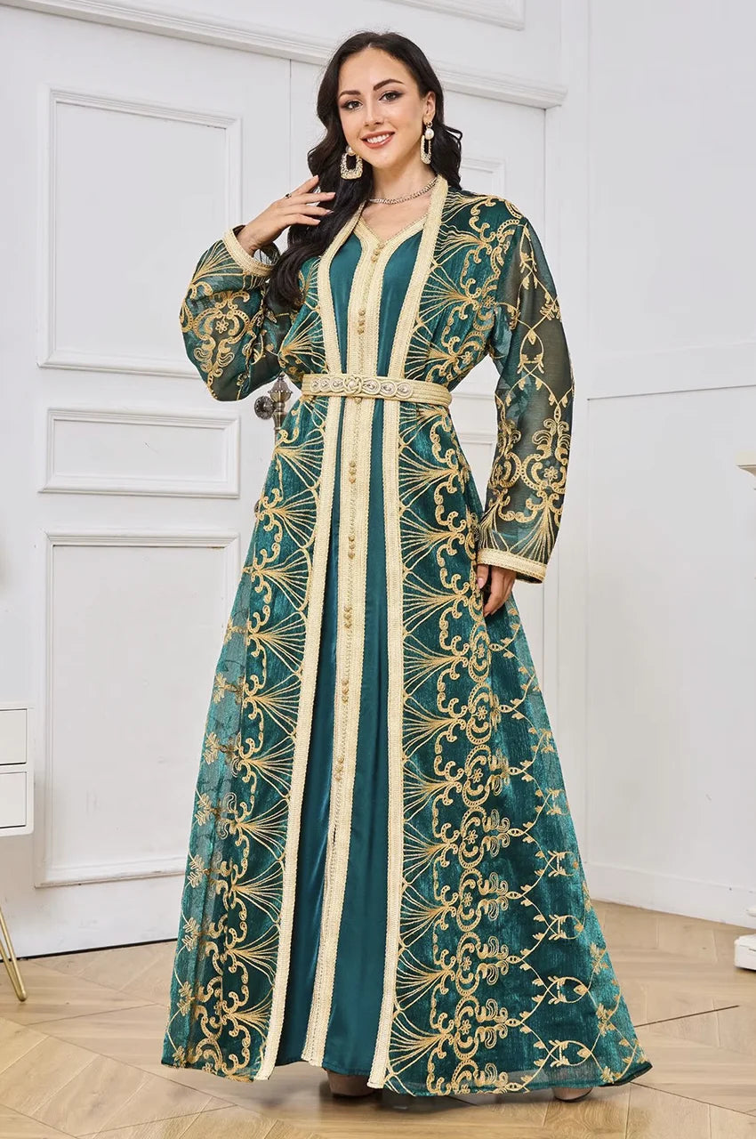 Elegant front pose of a woman wearing the Zalia 2-piece army green kaftan for weddings.