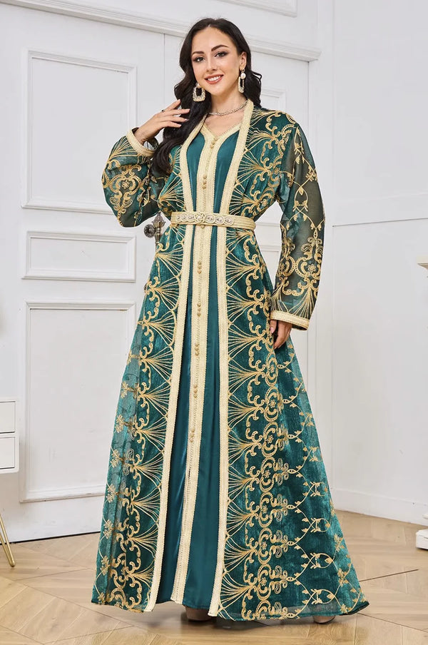 Elegant front pose of a woman wearing the Zalia 2-piece army green kaftan for weddings.