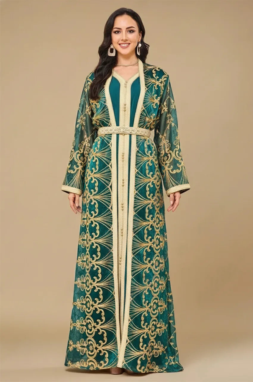 Full-length studio portrait of the Zalia army green kaftan with gold metallic detailing.