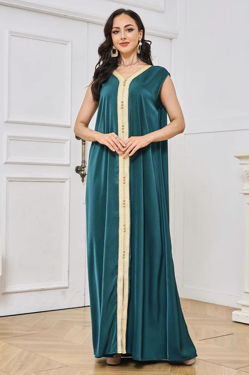 Front view of the emerald green inner slip dress included with the Zalia kaftan set.