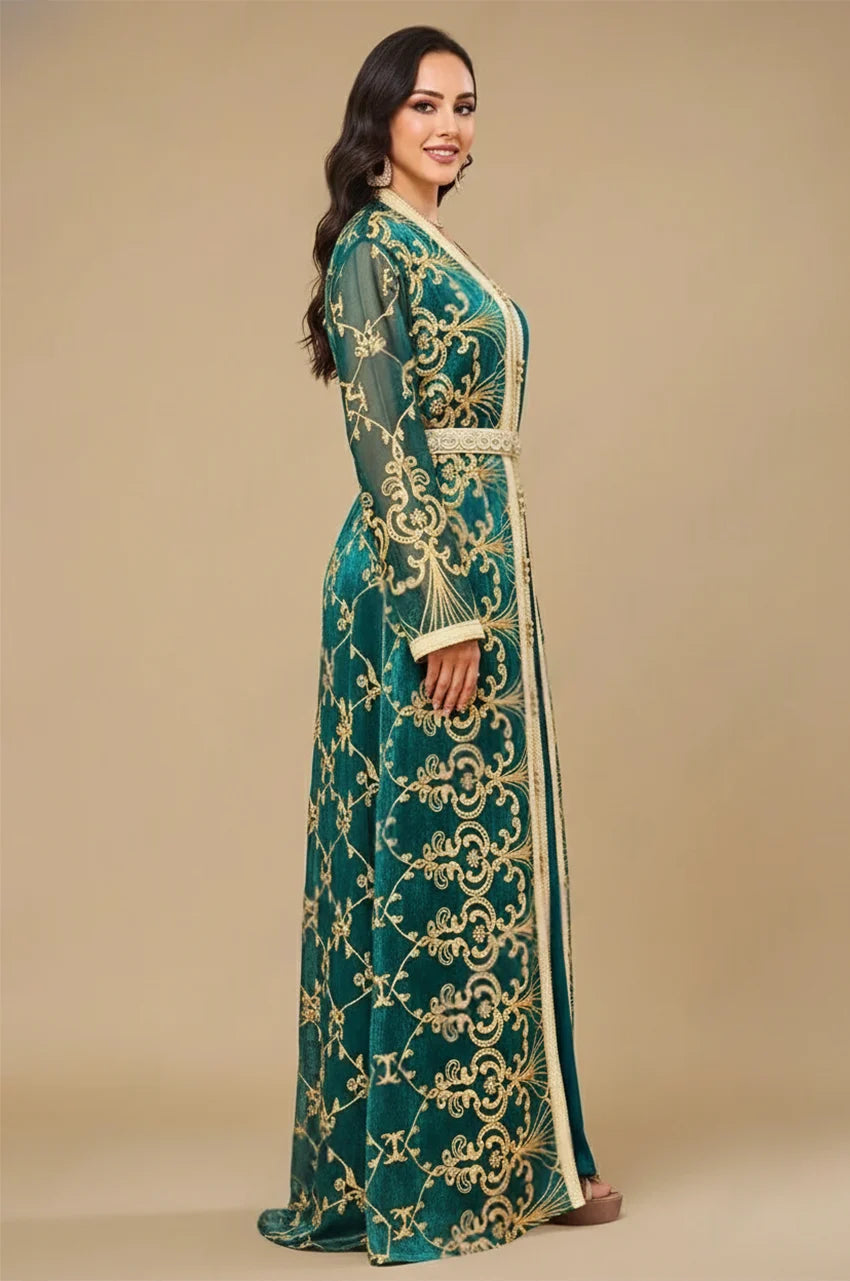 Side profile of the Zalia army green kaftan highlighting the layered silhouette and belt.