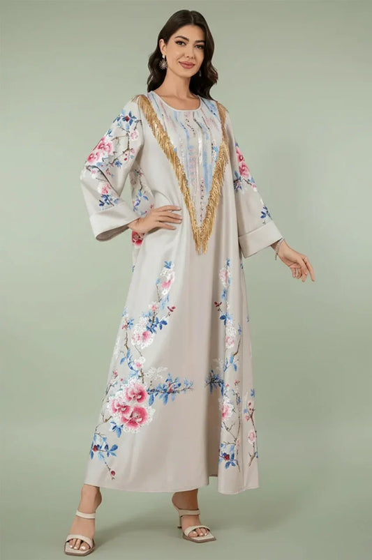 Full-length front view of the Zaree gold sequin kaftan in beige.