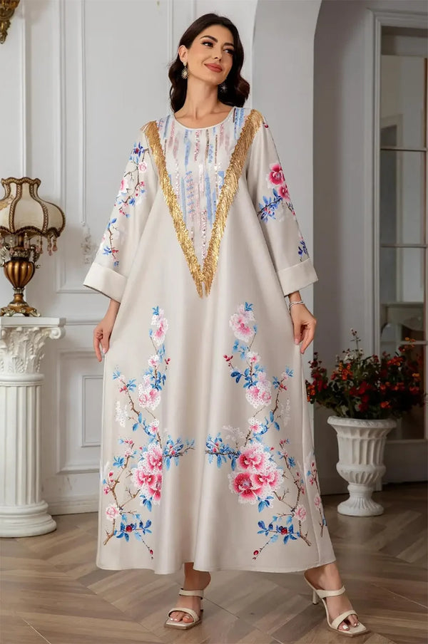 High-quality full shot of the Zaree beige floral kaftan for Naylara.