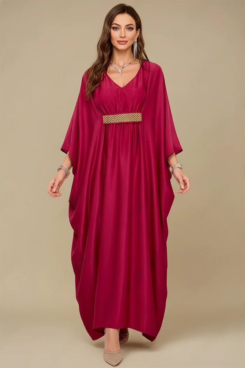 Front view of Zareen Red Kaftan Maxi Dress with gold waist embellishment