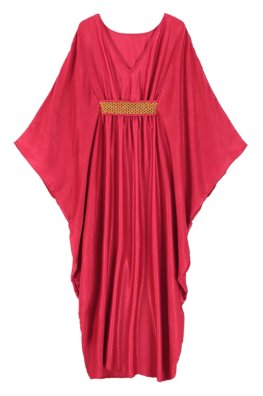 Close-up of gold embellished waistband on Zareen Red Kaftan Maxi Dress