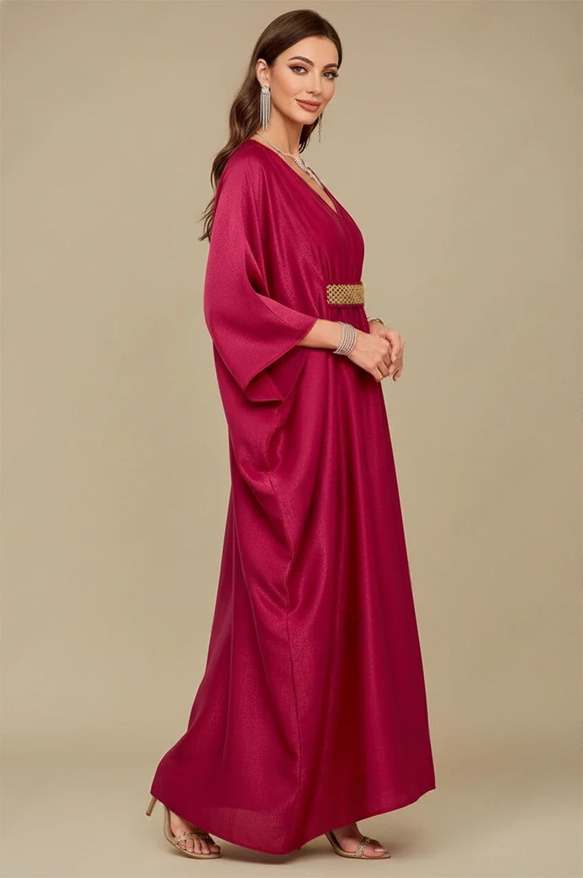 Side view of Zareen Red Kaftan Maxi Dress showing flowing draped sleeves