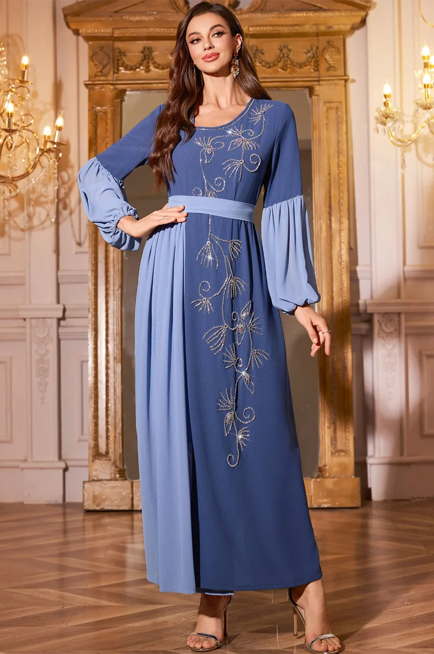Front pose of Zaria midnight and sky blue modest evening gown.
