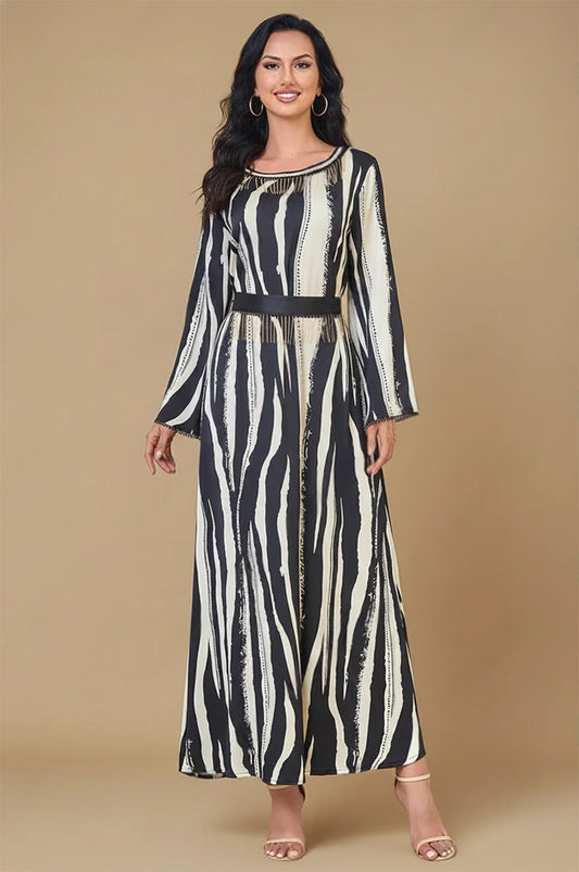 Zayla black and white kaftan front full view with striped pattern