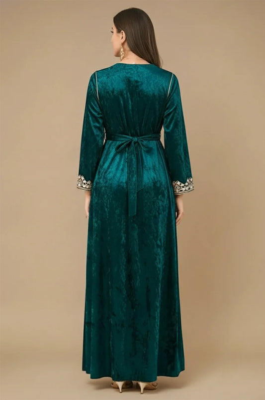 Zaynah dark green Moroccan velvet kaftan back view with waist tie and embroidered cuffs