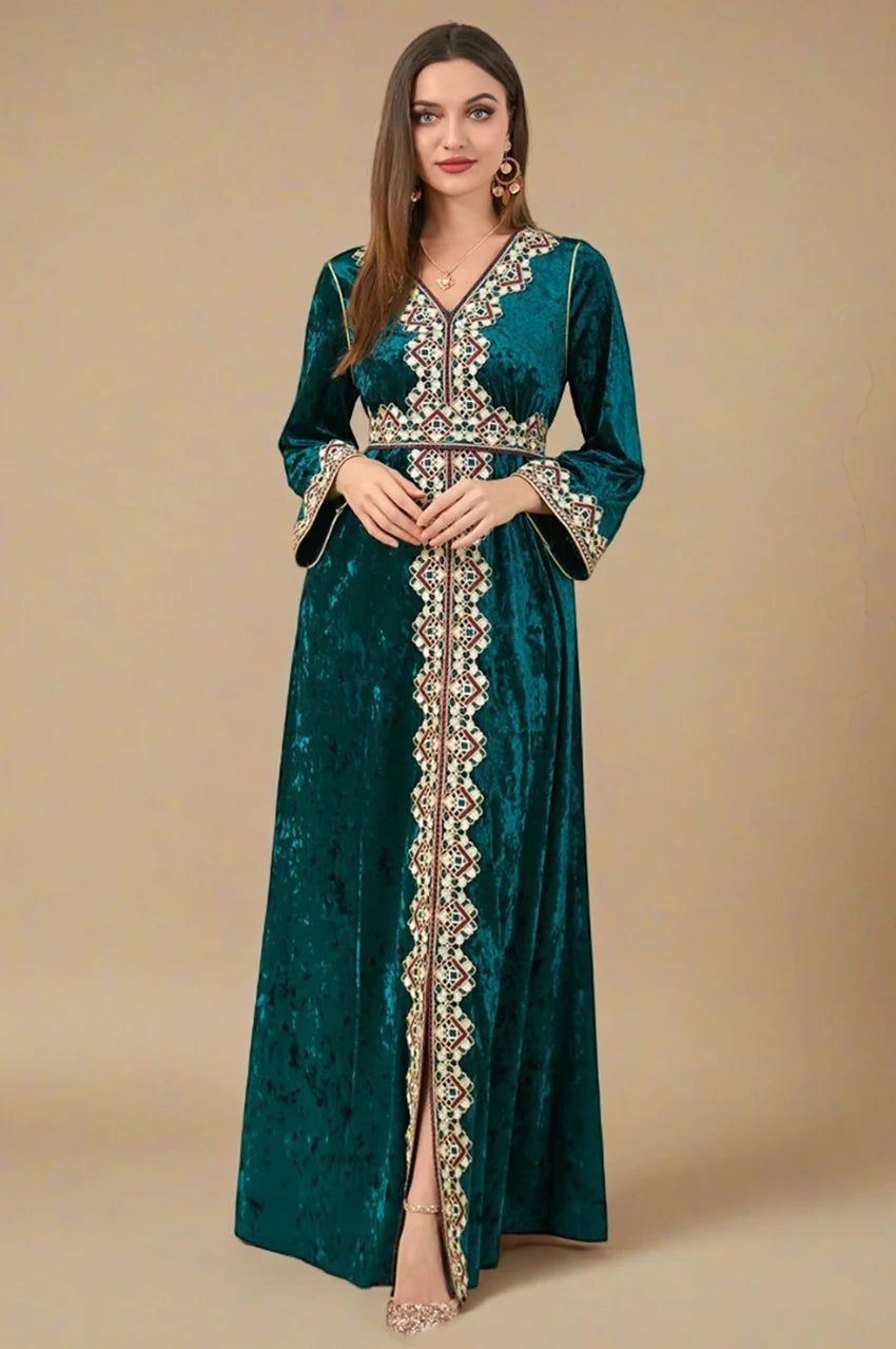 Zaynah dark green Moroccan velvet kaftan front view with embroidered trim