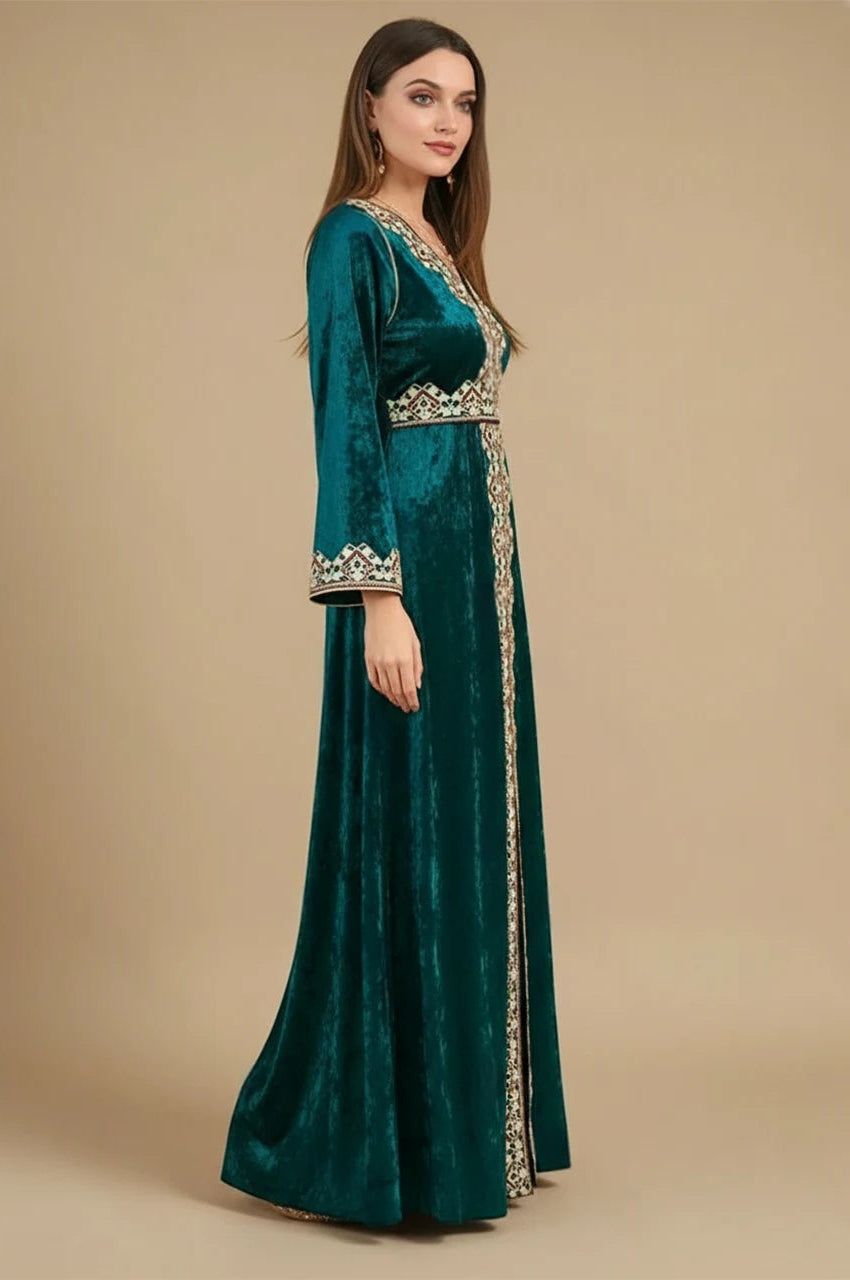 Zaynah dark green Moroccan velvet kaftan side view showing intricate embroidered detailing