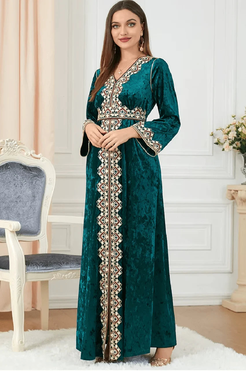 Floor-length view of Zaynah green embroidered Moroccan velvet kaftan