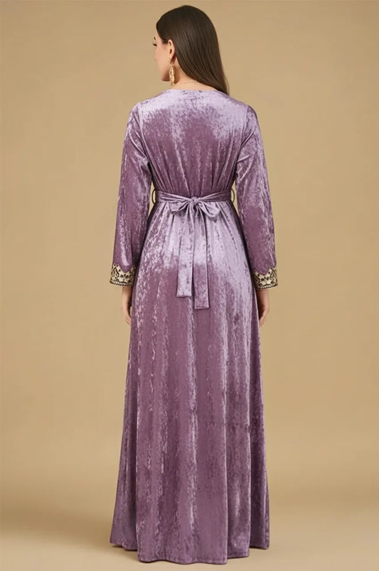 Back view of Zaynah pink Moroccan velvet kaftan with waist tie