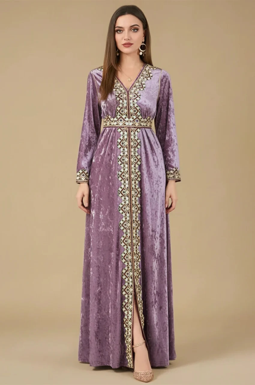 Zaynah pink Moroccan velvet kaftan with embroidered front and V-neckline