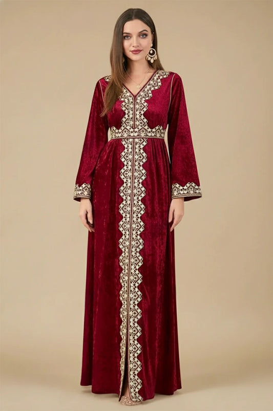 Zaynah red Moroccan velvet kaftan with embroidered trim, full front view