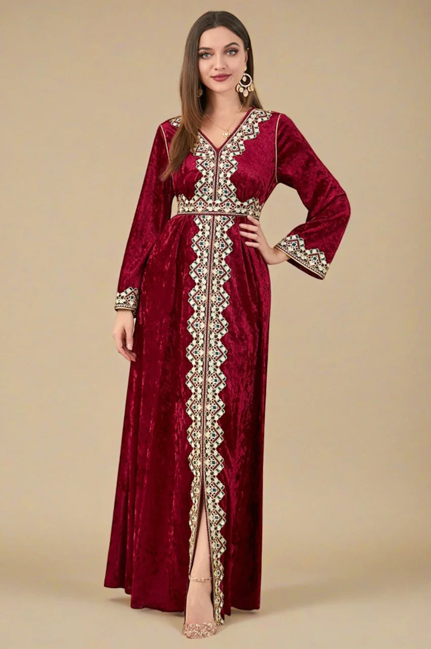 Zaynah red Moroccan velvet kaftan neckline and front embroidered panel
