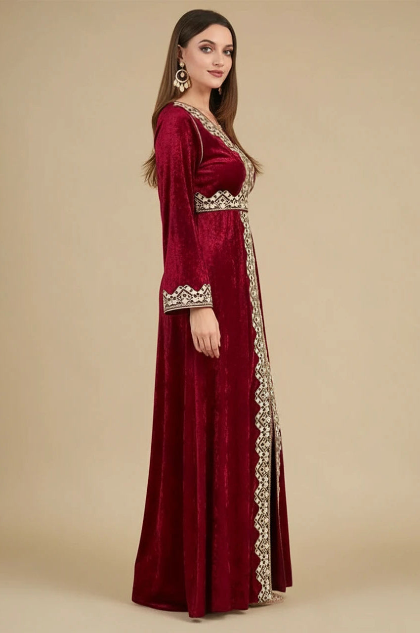 Side view of Zaynah red Moroccan velvet kaftan with gold geometric embroidery