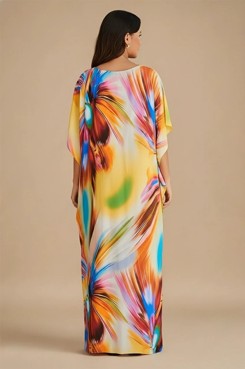 Zyra psychedelic kaftan in multicolor back view showcasing full abstract pattern and relaxed drape